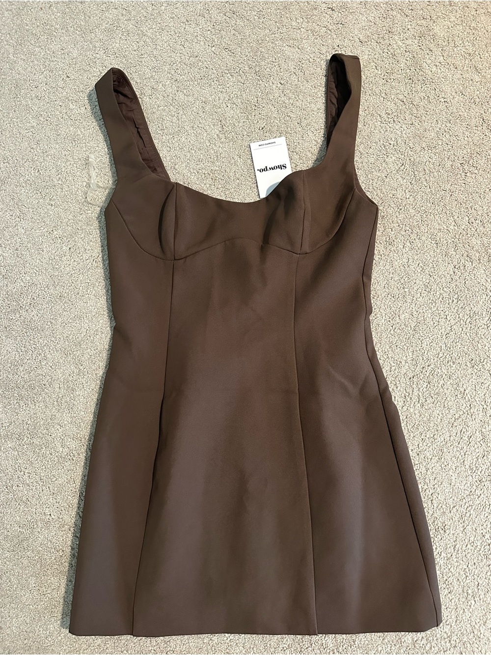 Showpo Aretha mocha brown Sleeveless corset panel mini dress US 4 NWT